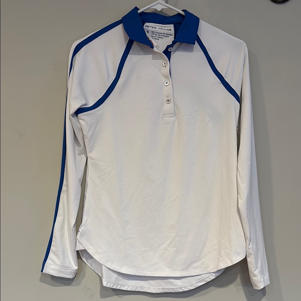 Peter Millar White and Blue Long Sleeve Polo